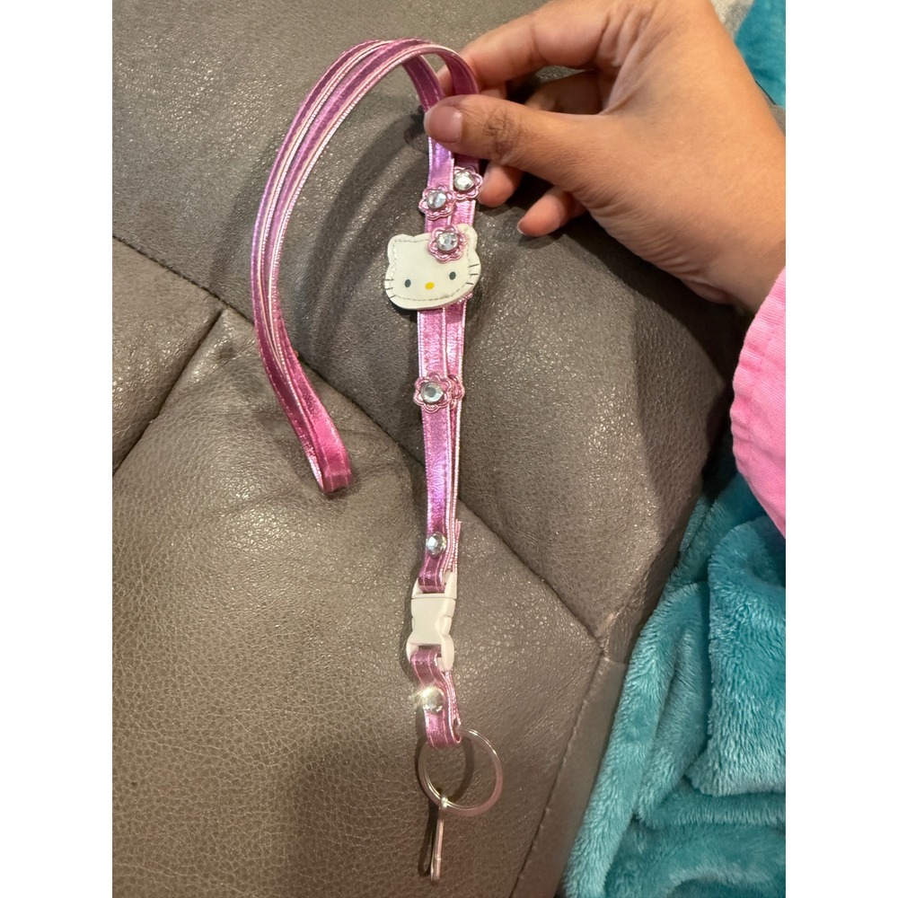 Sanrio Hello Kitty Metallic Pink Lanyard Rhinestone Flower Keychain ID Holder